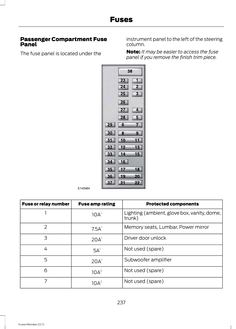 Fuses, Passenger compartment fuse panel | FORD 2014 Fusion Hybrid v.2 User Manual | Page 240 / 478