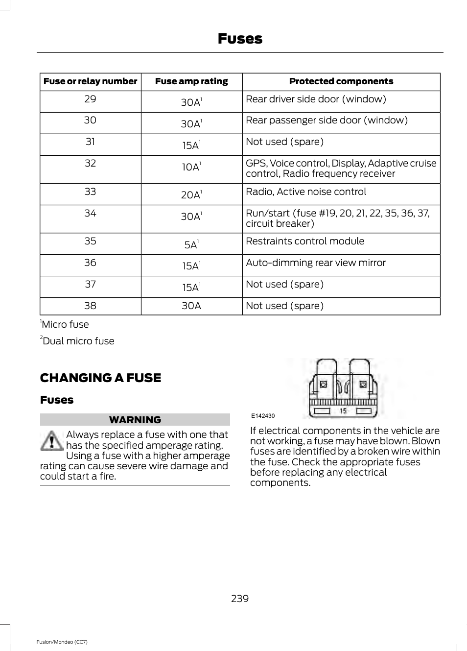 Changing a fuse, Fuses | FORD 2014 Fusion Hybrid v.2 User Manual | Page 242 / 478