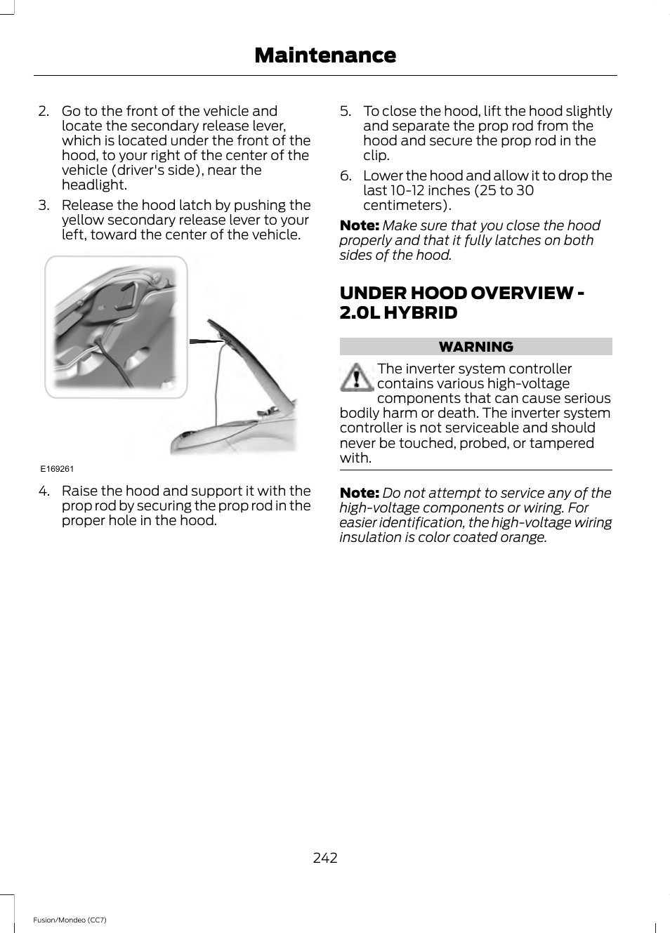 Under hood overview, Under hood overview - 2.0l hybrid, Maintenance | FORD 2014 Fusion Hybrid v.2 User Manual | Page 245 / 478