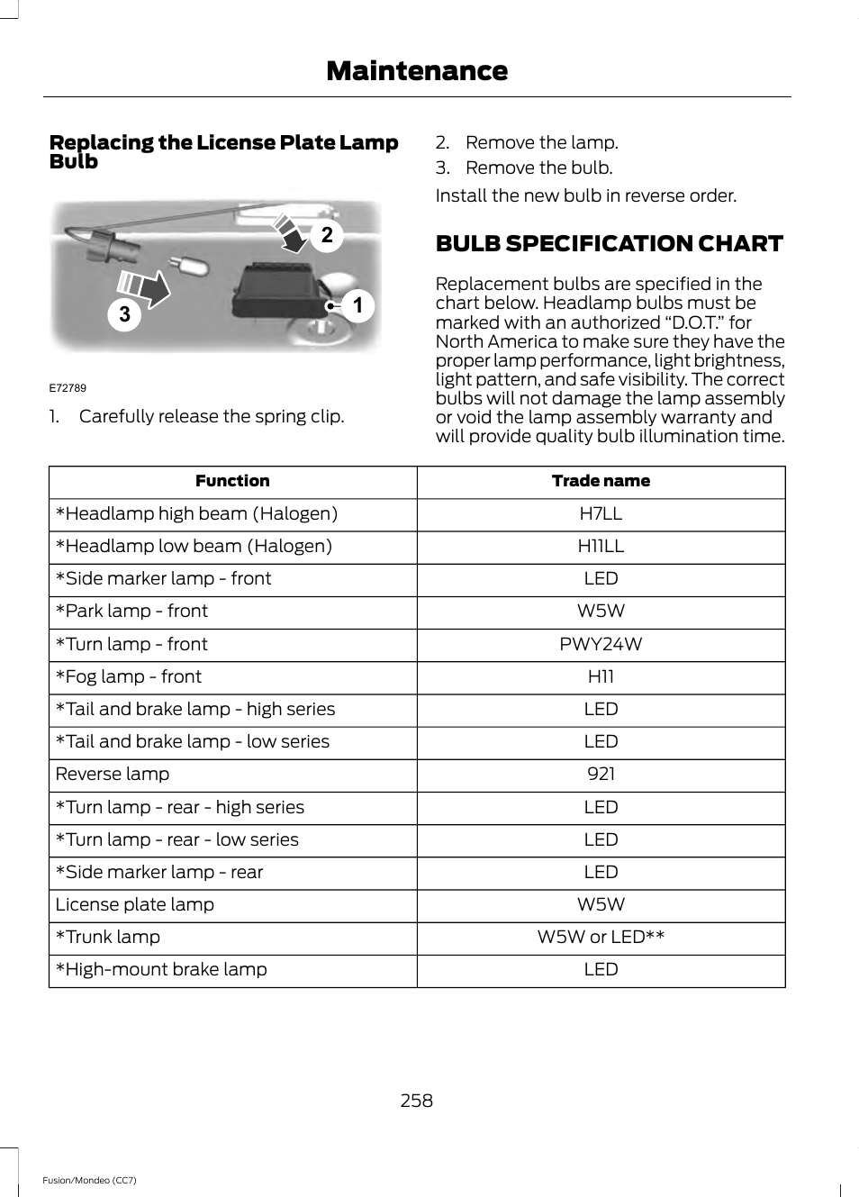 Bulb specification chart, Maintenance | FORD 2014 Fusion Hybrid v.2 User Manual | Page 261 / 478