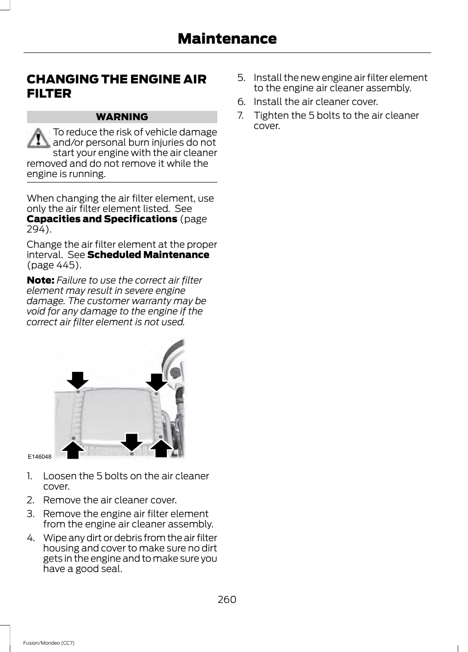 Changing the engine air filter, Maintenance | FORD 2014 Fusion Hybrid v.2 User Manual | Page 263 / 478