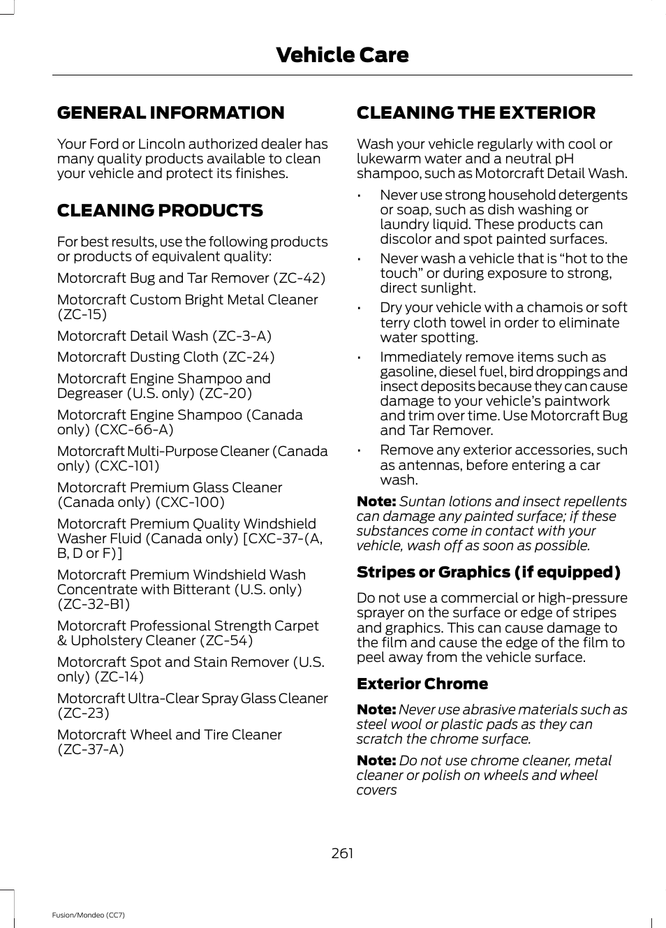 Vehicle care, General information, Cleaning products | Cleaning the exterior | FORD 2014 Fusion Hybrid v.2 User Manual | Page 264 / 478