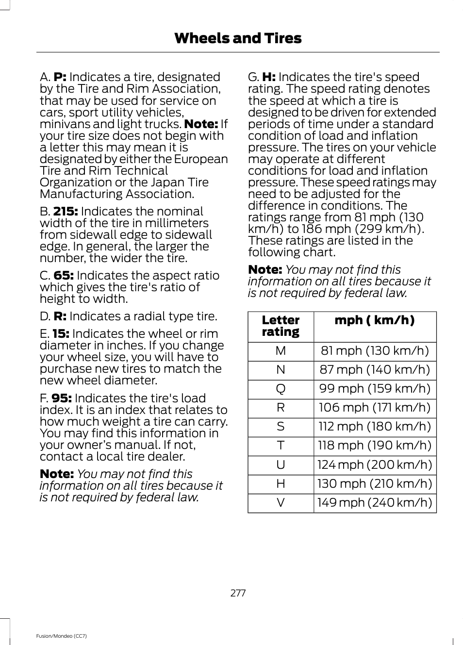 Wheels and tires | FORD 2014 Fusion Hybrid v.2 User Manual | Page 280 / 478