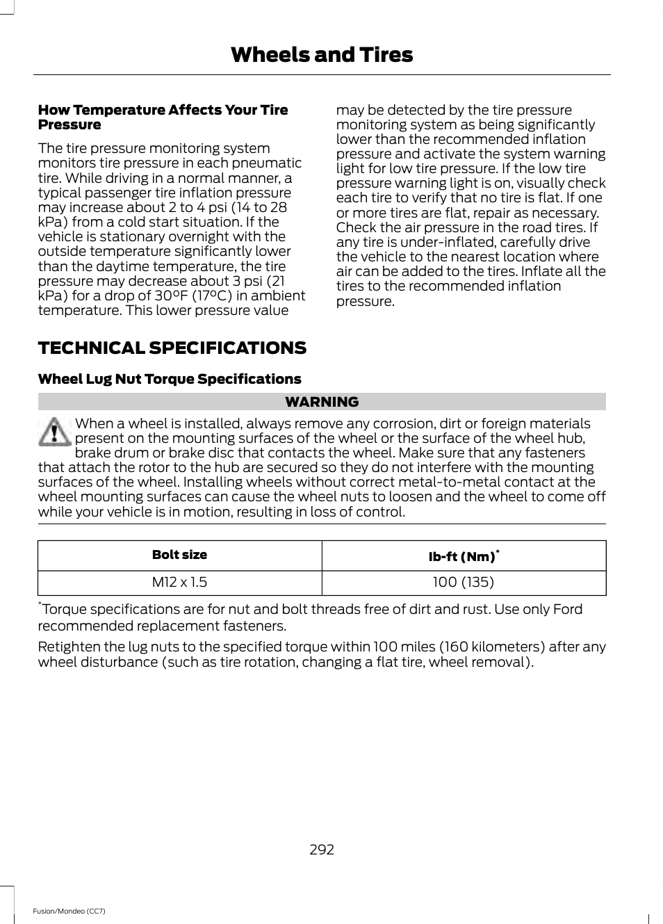 Technical specifications, Wheels and tires | FORD 2014 Fusion Hybrid v.2 User Manual | Page 295 / 478