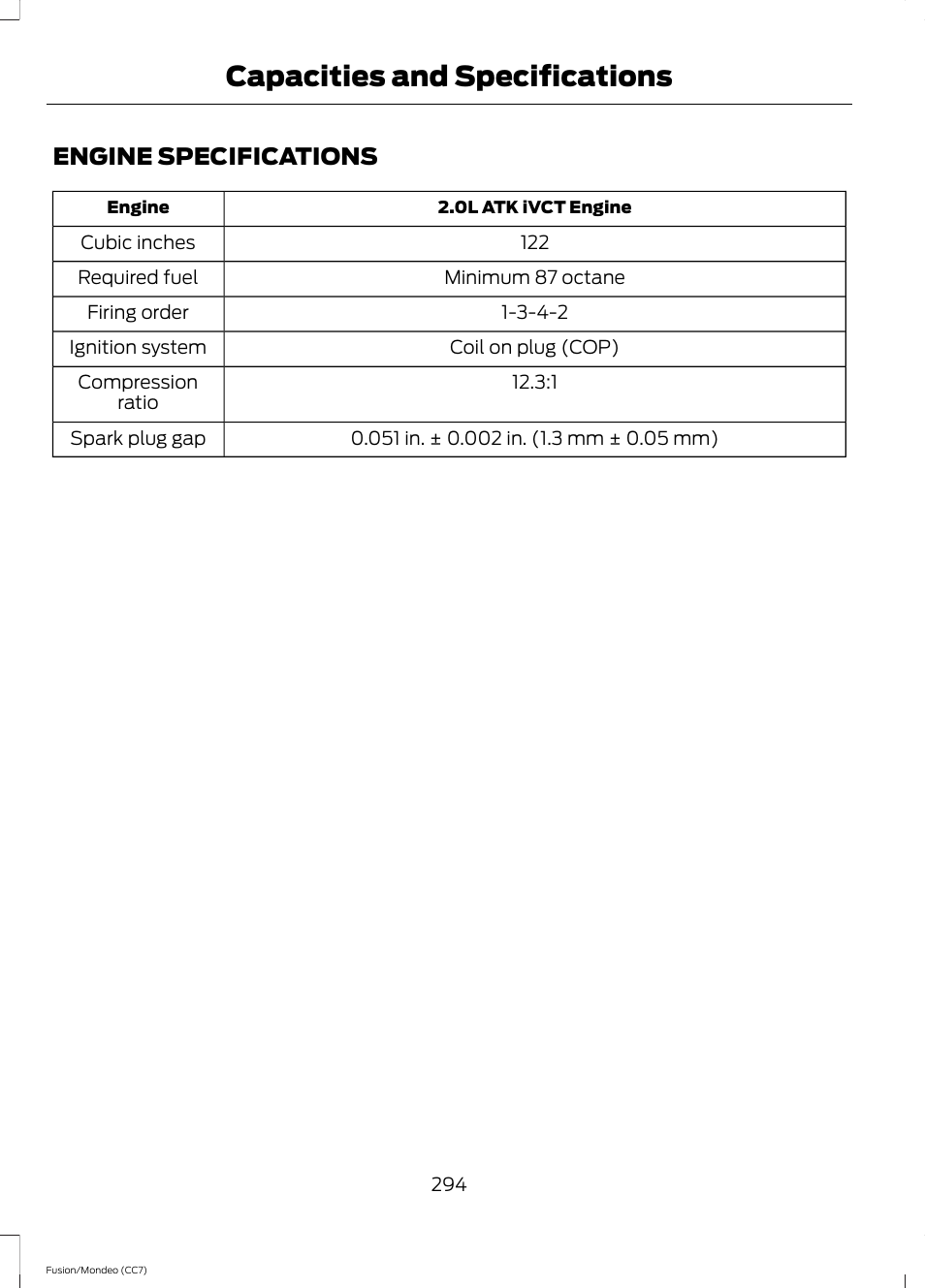 Capacities and specifications, Engine specifications, Capacities and specific | Ations | FORD 2014 Fusion Hybrid v.2 User Manual | Page 297 / 478