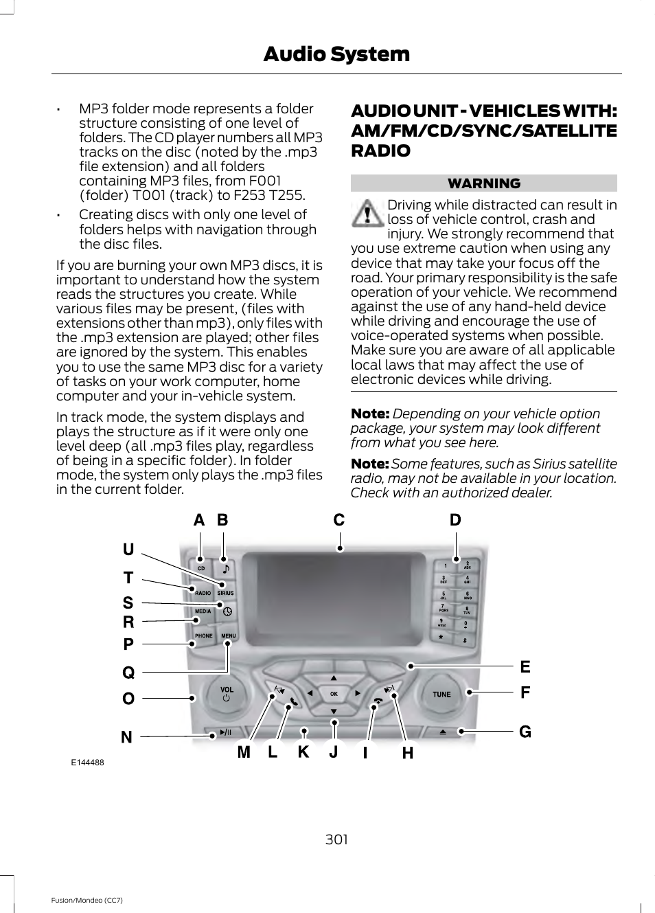 Audio unit, Audio unit - vehicles with: am/fm/cd, Sync/satellite radio | Audio system | FORD 2014 Fusion Hybrid v.2 User Manual | Page 304 / 478