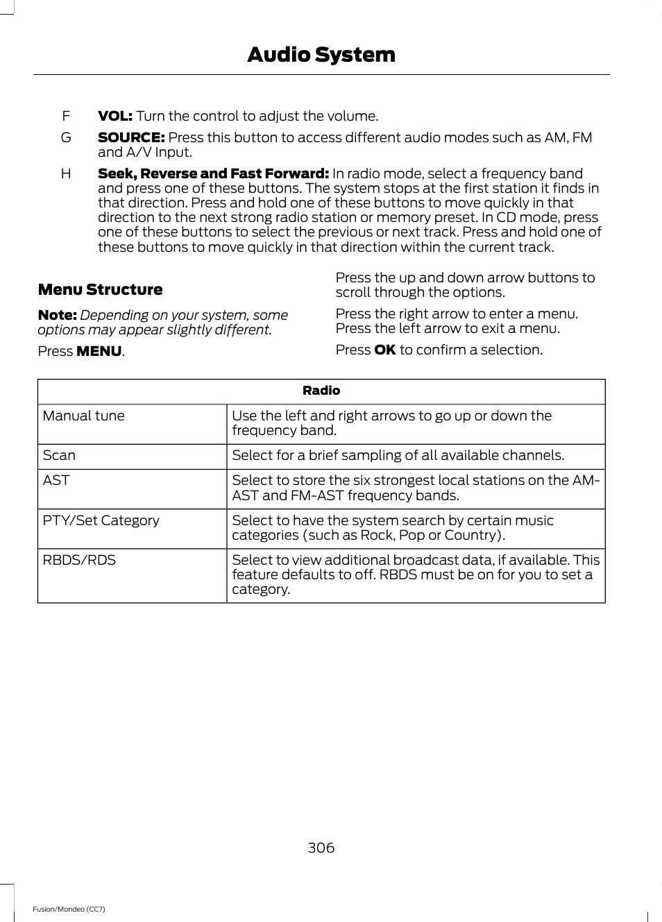 Audio system | FORD 2014 Fusion Hybrid v.2 User Manual | Page 309 / 478