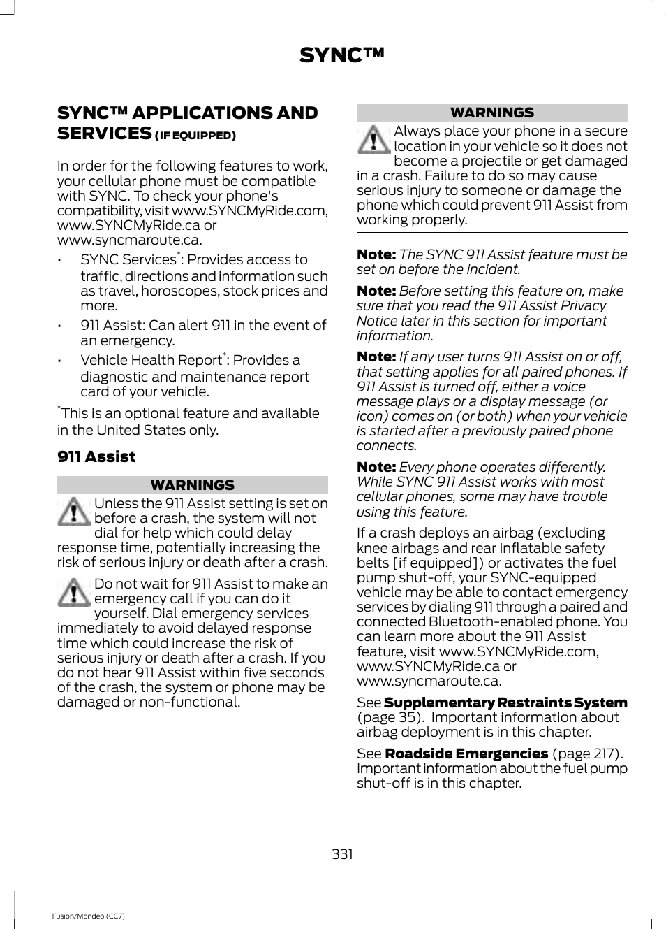 Sync™ applications and services, Sync | FORD 2014 Fusion Hybrid v.2 User Manual | Page 334 / 478