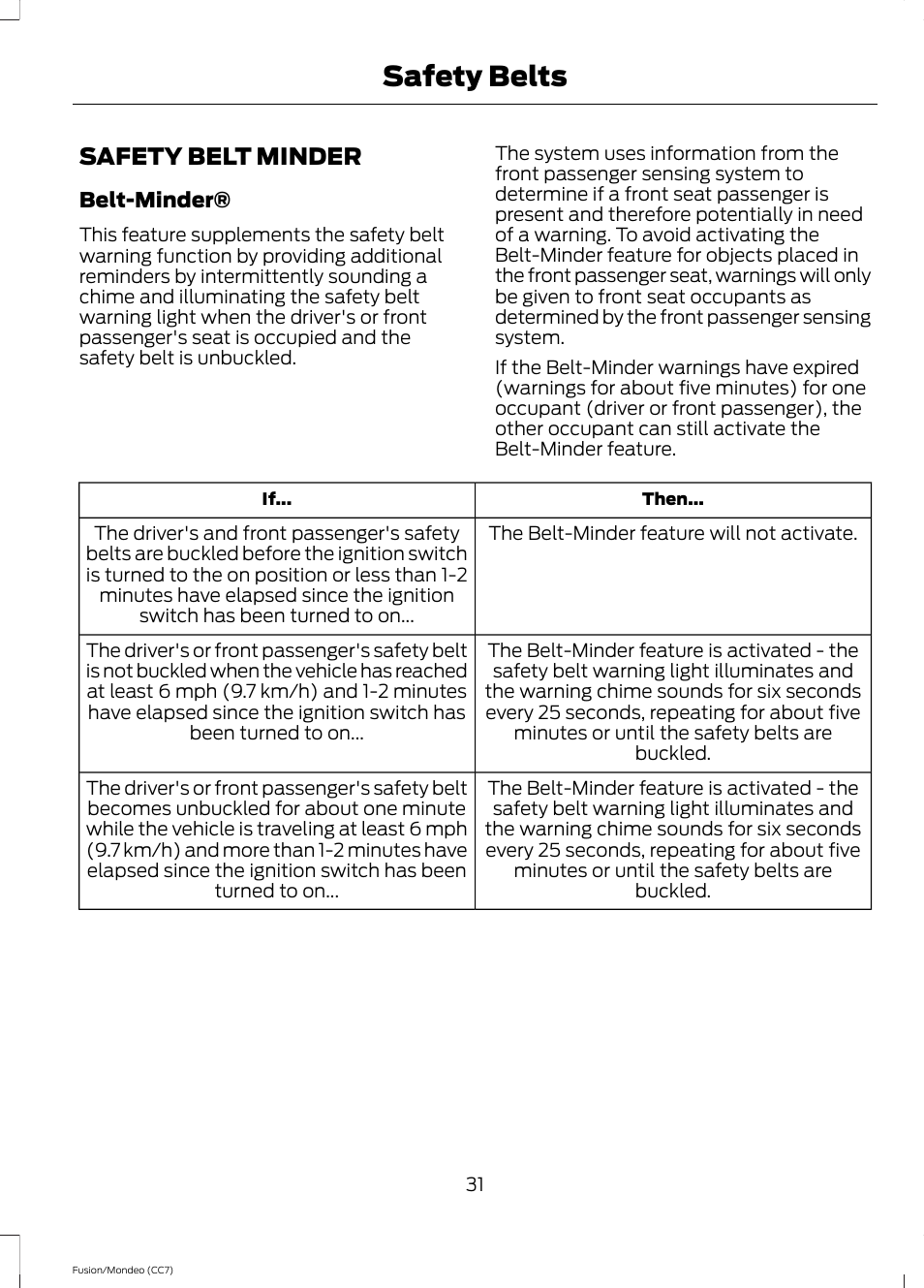 Safety belt minder, Safety belts | FORD 2014 Fusion Hybrid v.2 User Manual | Page 34 / 478