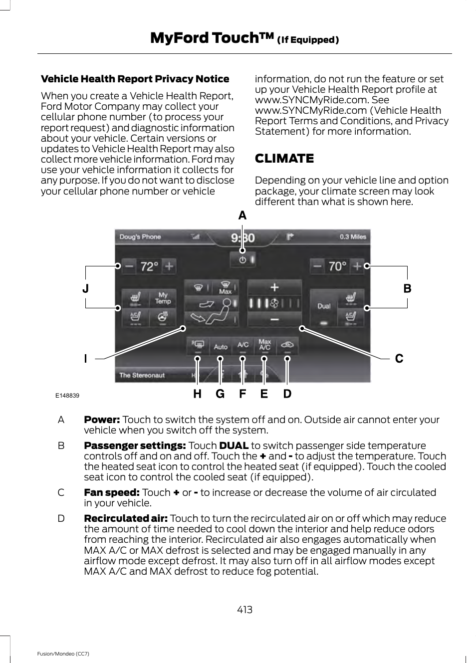 Climate, Myford touch | FORD 2014 Fusion Hybrid v.2 User Manual | Page 416 / 478