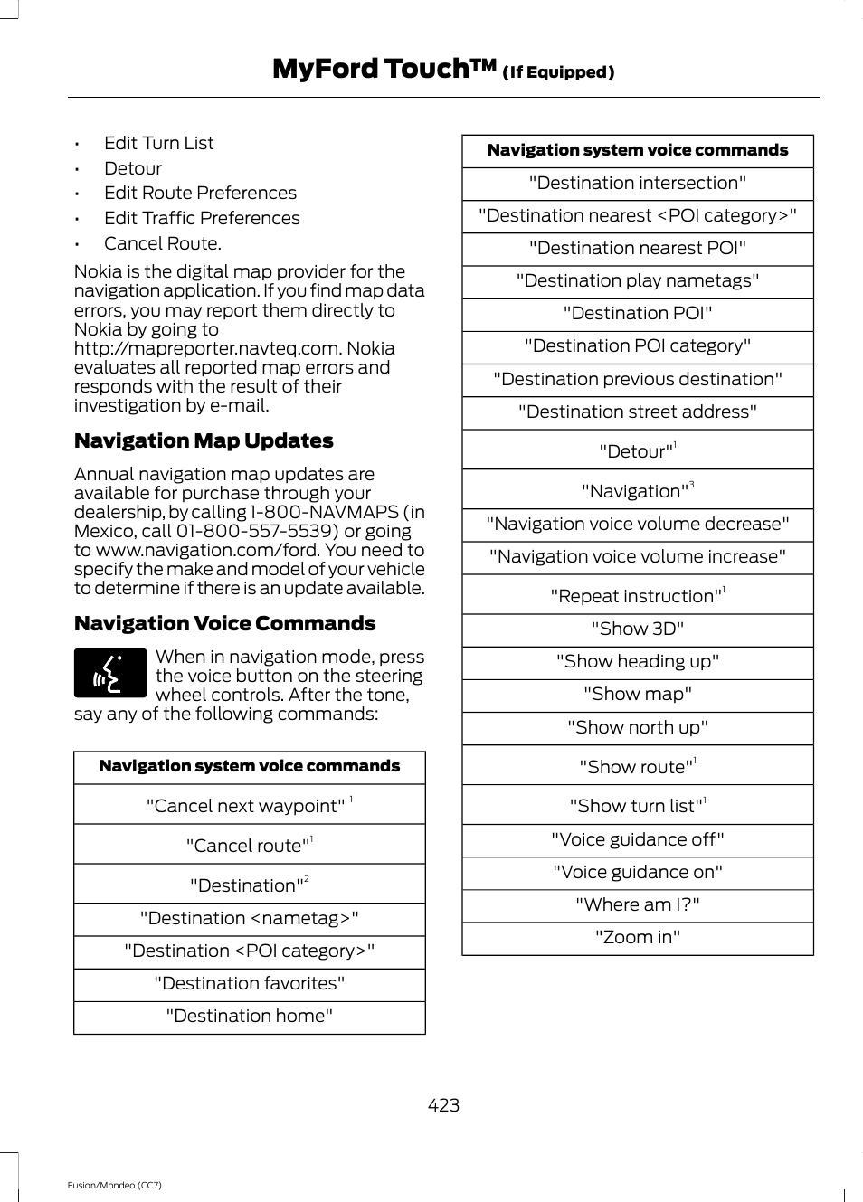 Myford touch, Navigation map updates, Navigation voice commands | FORD 2014 Fusion Hybrid v.2 User Manual | Page 426 / 478