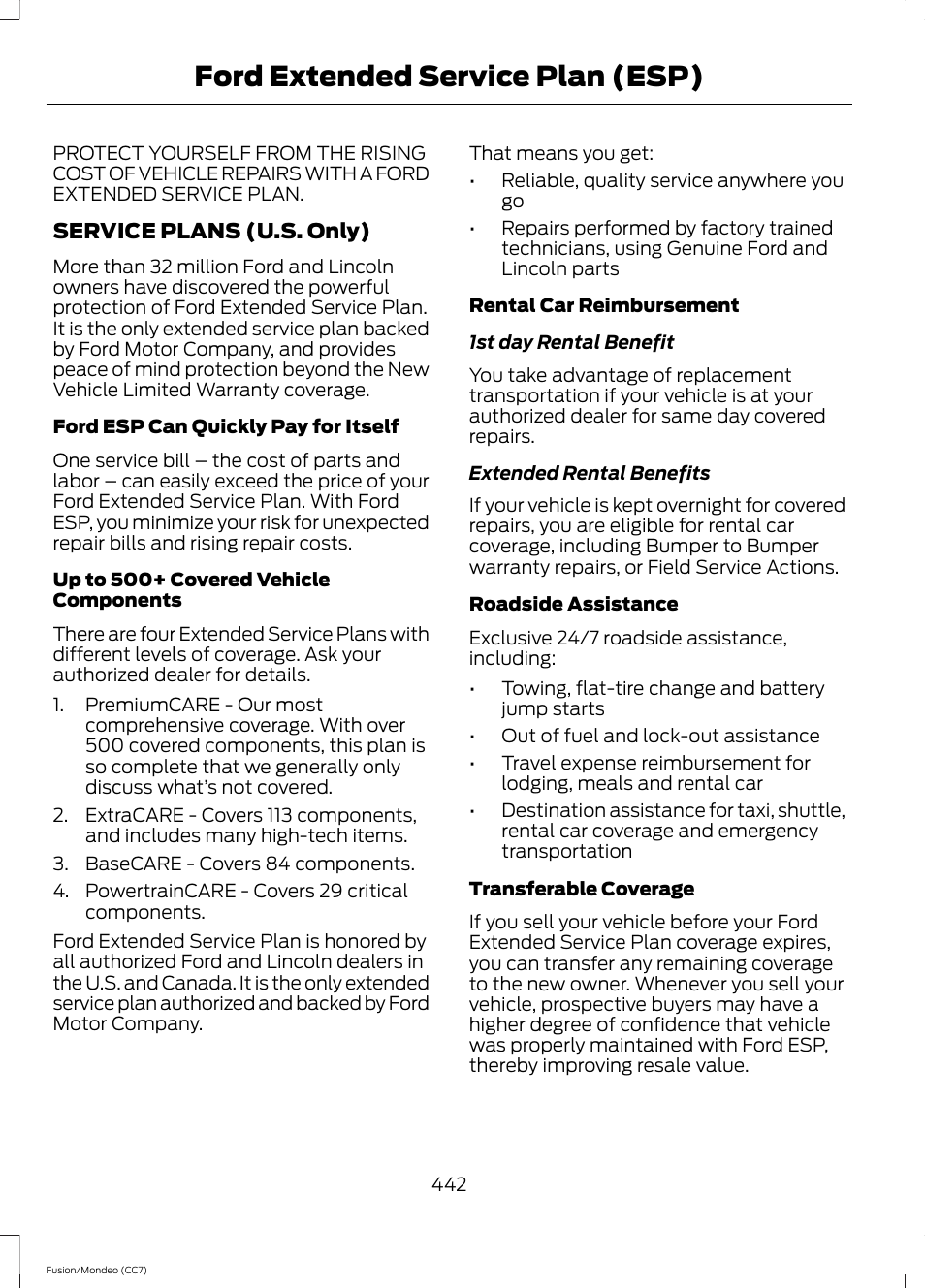 Ford extended service plan (esp), Ford extended service plan, Esp) | FORD 2014 Fusion Hybrid v.2 User Manual | Page 445 / 478