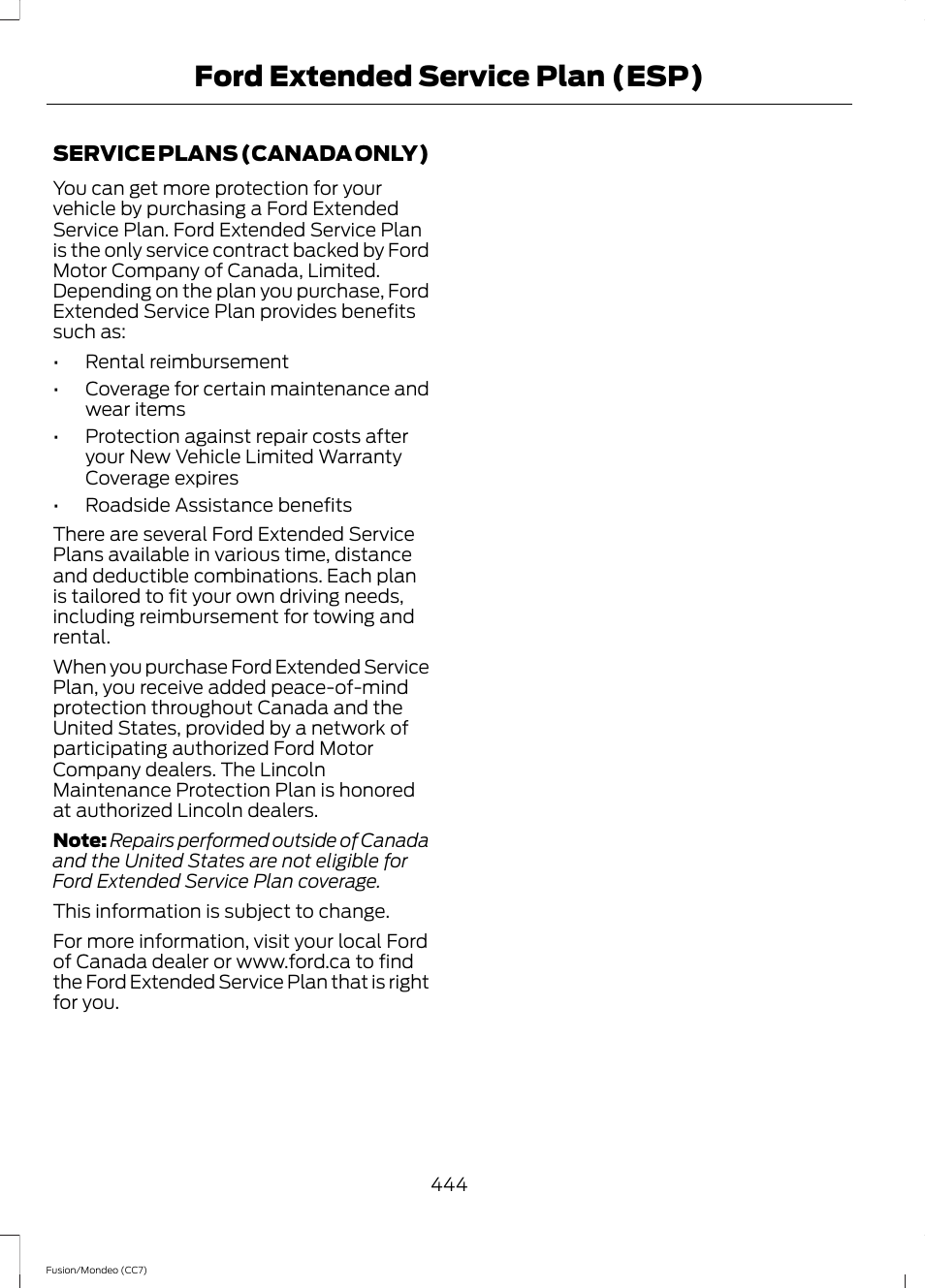 Ford extended service plan (esp) | FORD 2014 Fusion Hybrid v.2 User Manual | Page 447 / 478