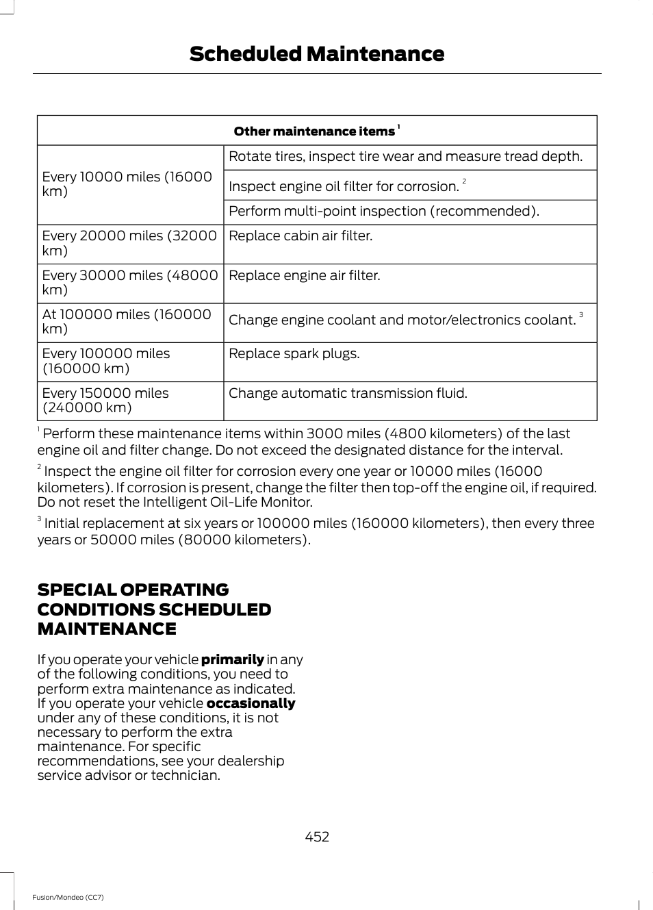 Special operating conditions scheduled maintenance, Special operating conditions scheduled, Maintenance | Scheduled maintenance | FORD 2014 Fusion Hybrid v.2 User Manual | Page 455 / 478