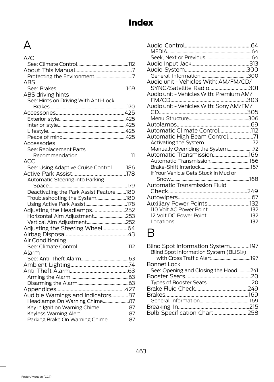 Index | FORD 2014 Fusion Hybrid v.2 User Manual | Page 466 / 478