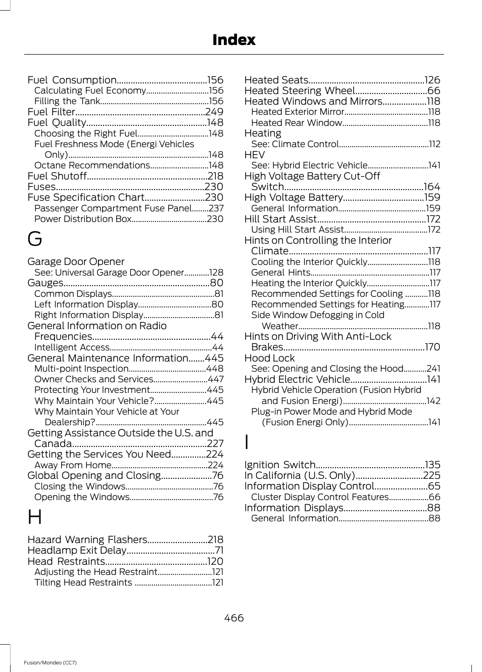Index | FORD 2014 Fusion Hybrid v.2 User Manual | Page 469 / 478