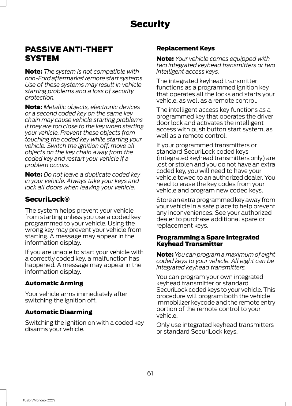 Security, Passive anti-theft system | FORD 2014 Fusion Hybrid v.2 User Manual | Page 64 / 478