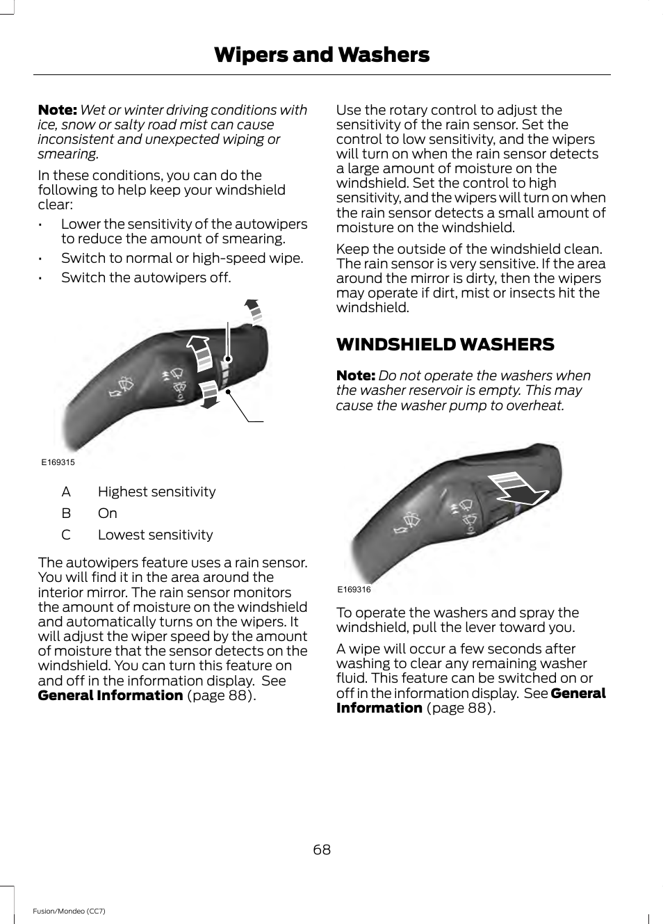 Windshield washers, Wipers and washers, Ac b | FORD 2014 Fusion Hybrid v.2 User Manual | Page 71 / 478