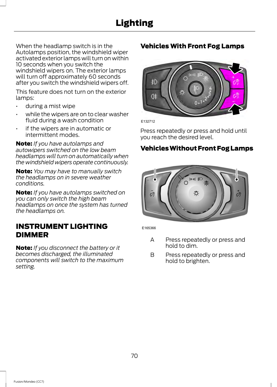Instrument lighting dimmer, Lighting | FORD 2014 Fusion Hybrid v.2 User Manual | Page 73 / 478