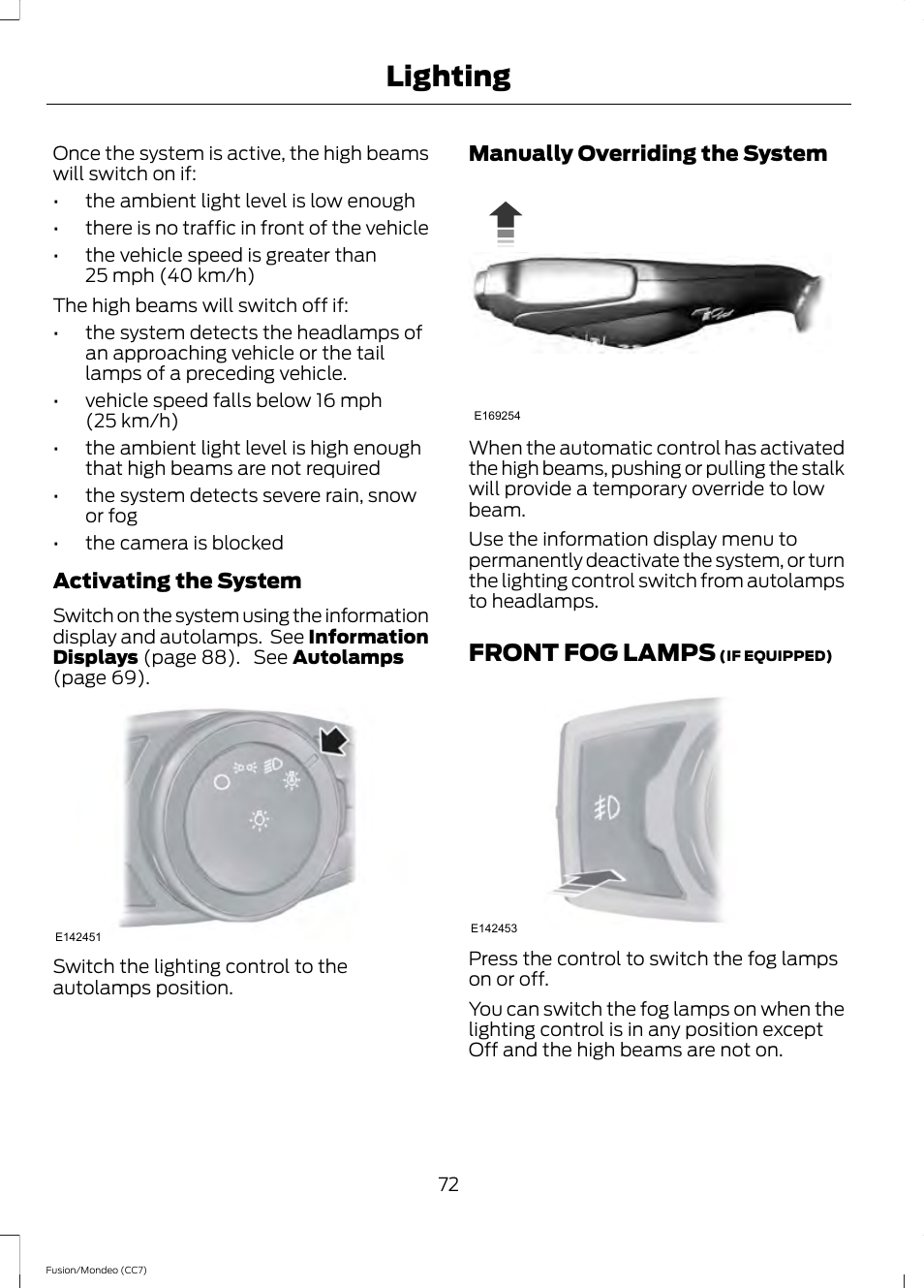 Front fog lamps, Lighting | FORD 2014 Fusion Hybrid v.2 User Manual | Page 75 / 478