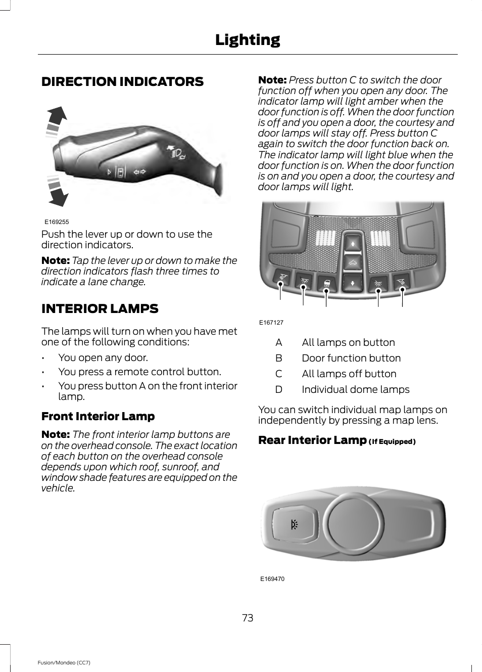 Direction indicators, Interior lamps, Direction indicators interior lamps | Lighting, Ab c d d | FORD 2014 Fusion Hybrid v.2 User Manual | Page 76 / 478