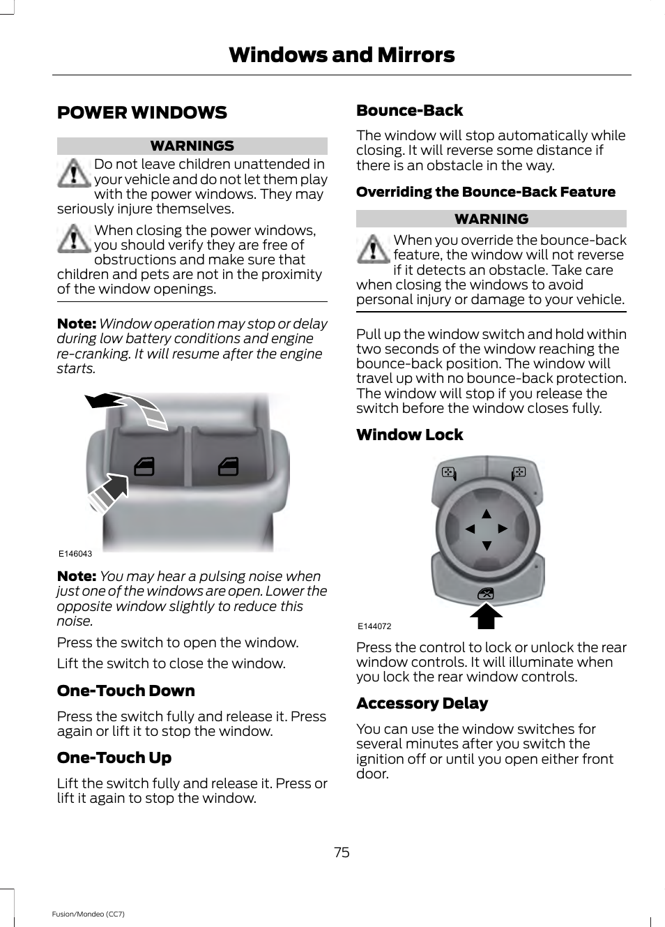 Windows and mirrors, Power windows | FORD 2014 Fusion Hybrid v.2 User Manual | Page 78 / 478