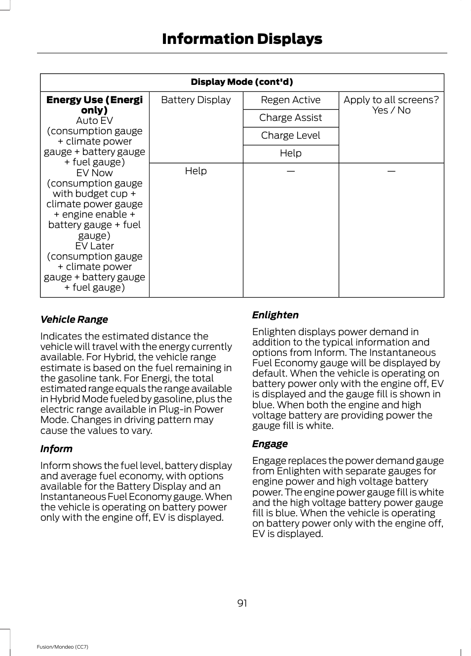 Information displays | FORD 2014 Fusion Hybrid v.2 User Manual | Page 94 / 478