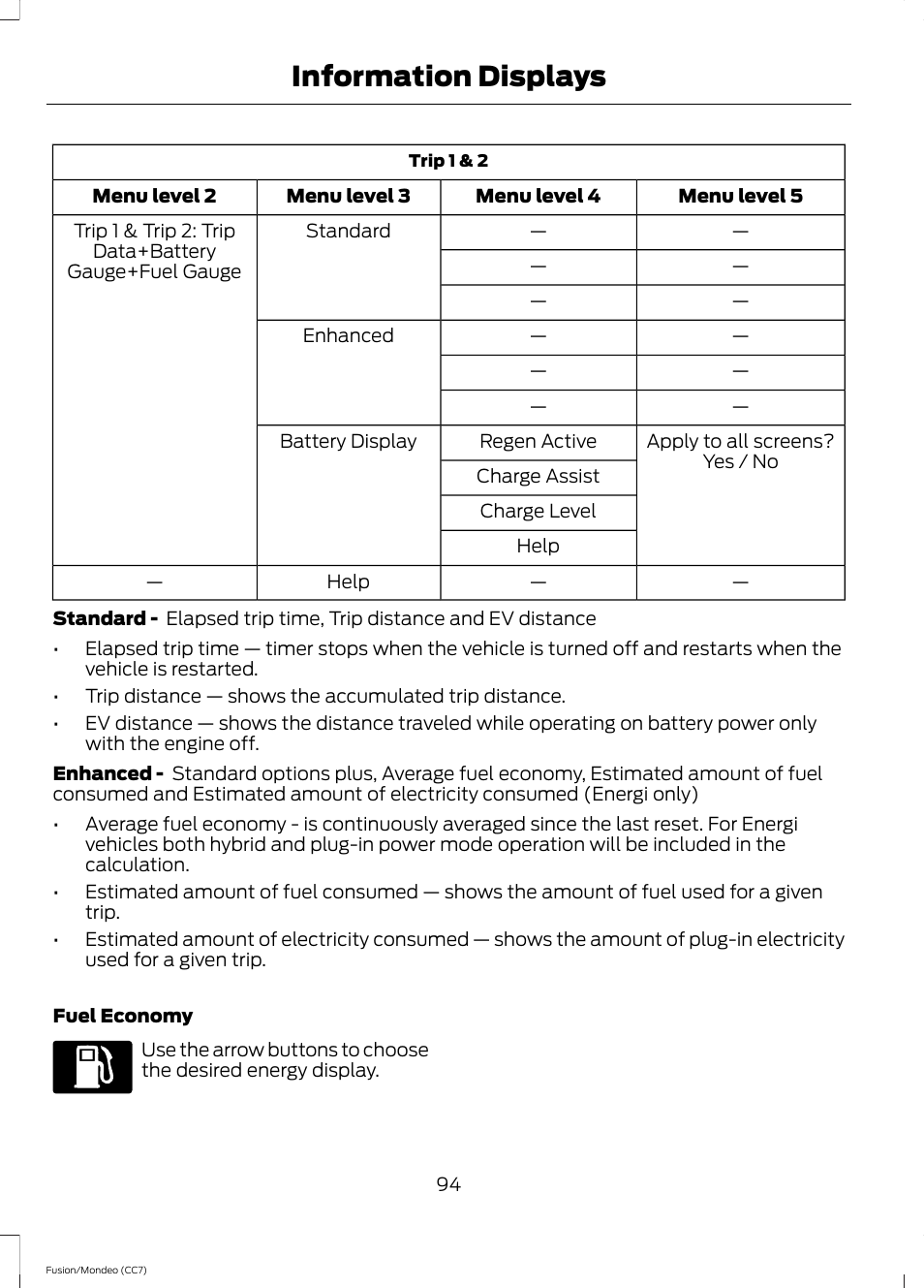 Information displays | FORD 2014 Fusion Hybrid v.2 User Manual | Page 97 / 478