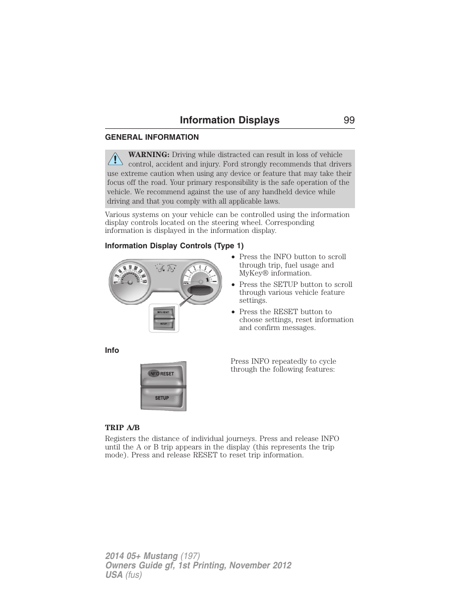 Information displays, General information, Information display controls (type 1) | Info, Controls, Information displays 99 | FORD 2014 Mustang v.1 User Manual | Page 100 / 461