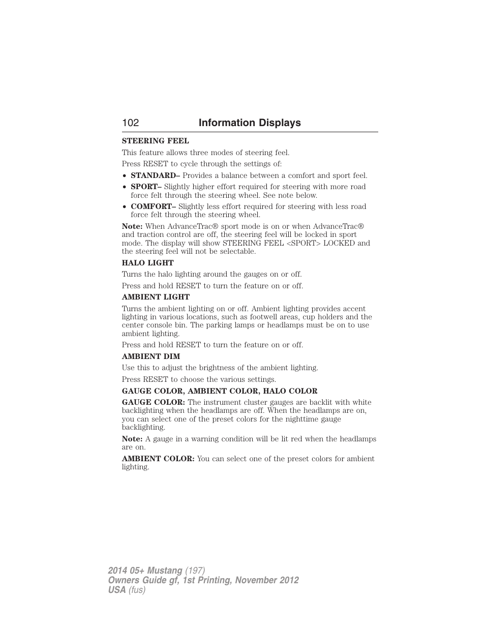 102 information displays | FORD 2014 Mustang v.1 User Manual | Page 103 / 461