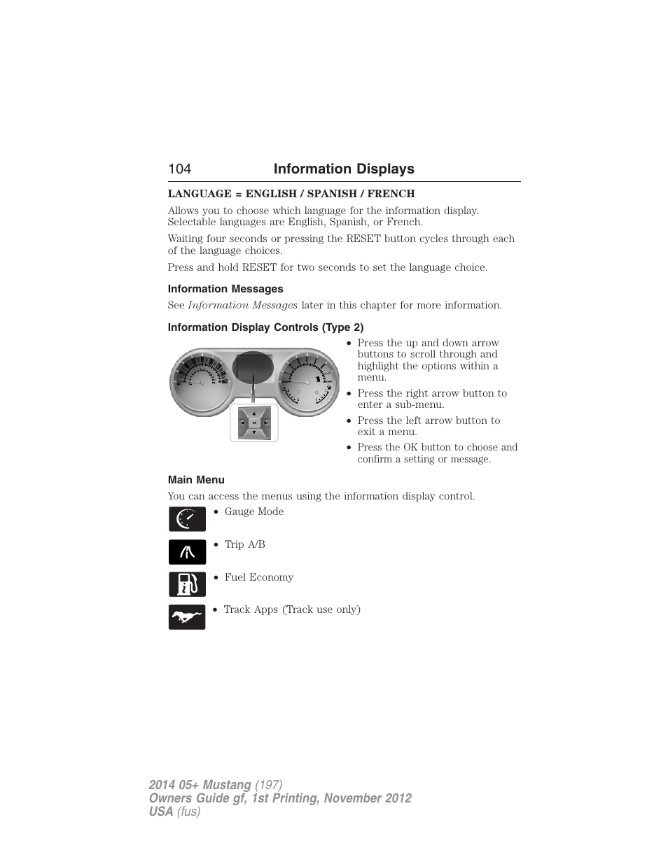 Information messages, Information display controls (type 2), Main menu | 104 information displays | FORD 2014 Mustang v.1 User Manual | Page 105 / 461