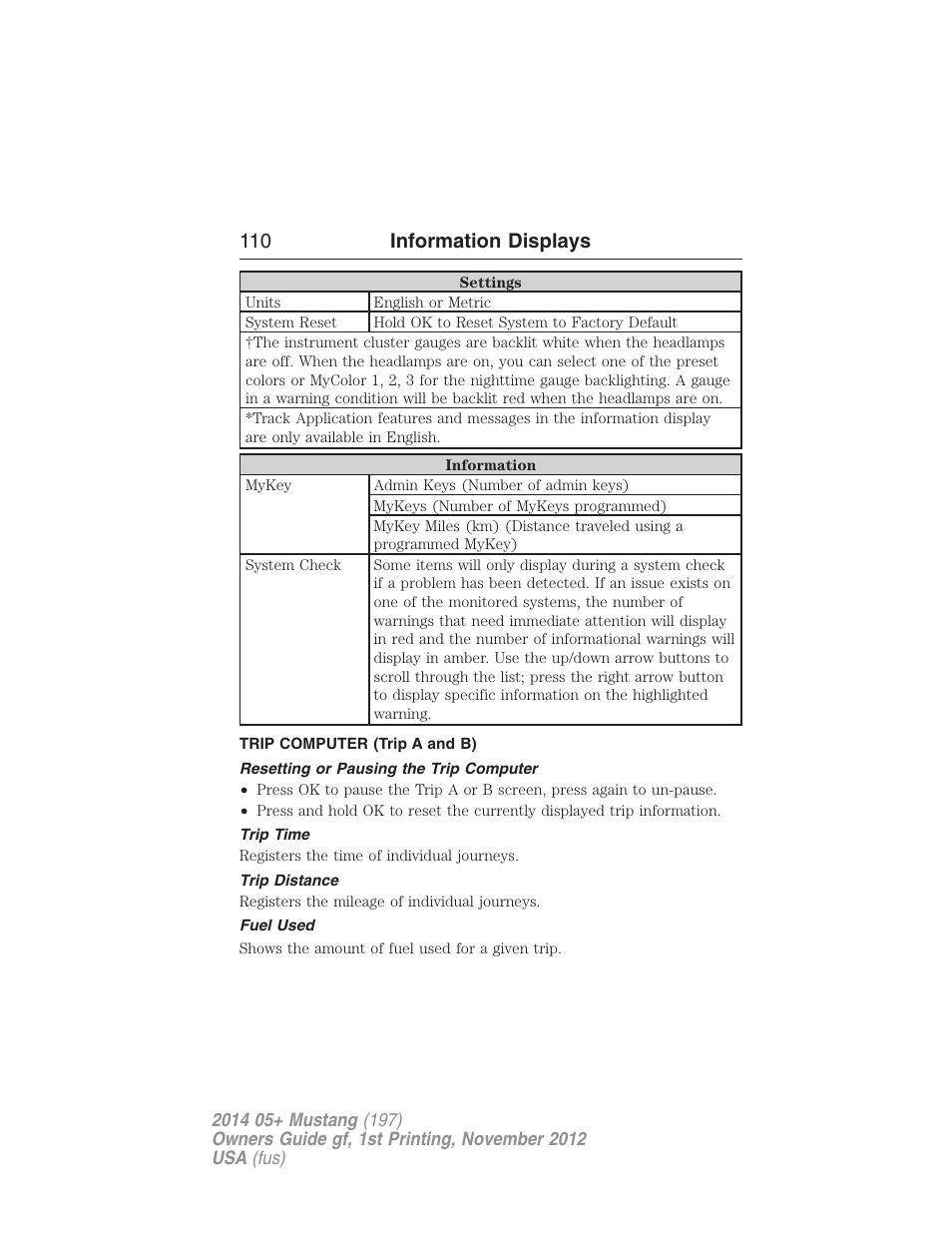 Trip computer (trip a and b), Resetting or pausing the trip computer, Trip time | Trip distance, Fuel used, 110 information displays | FORD 2014 Mustang v.1 User Manual | Page 111 / 461