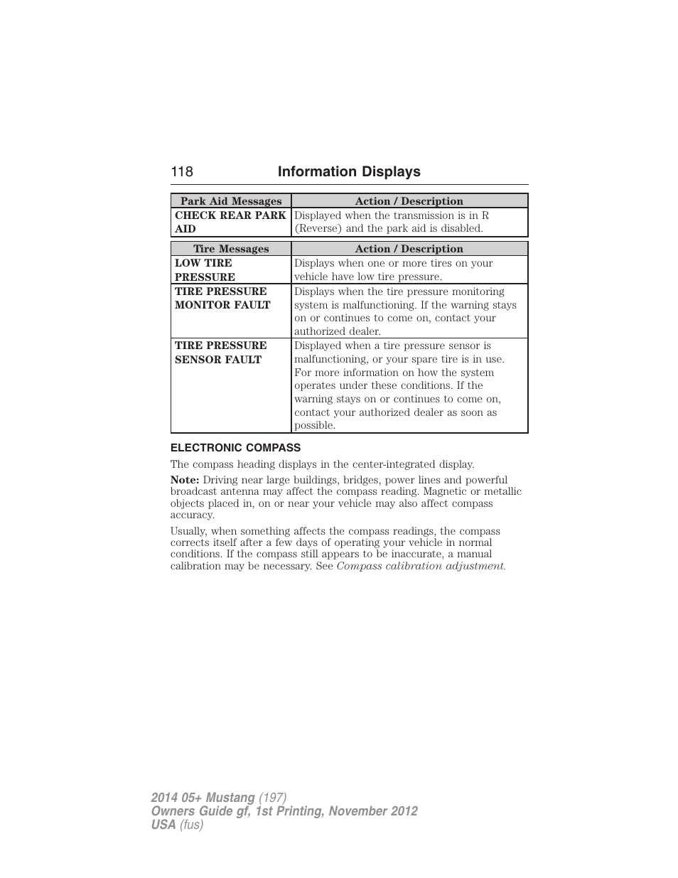 Electronic compass, 118 information displays | FORD 2014 Mustang v.1 User Manual | Page 119 / 461