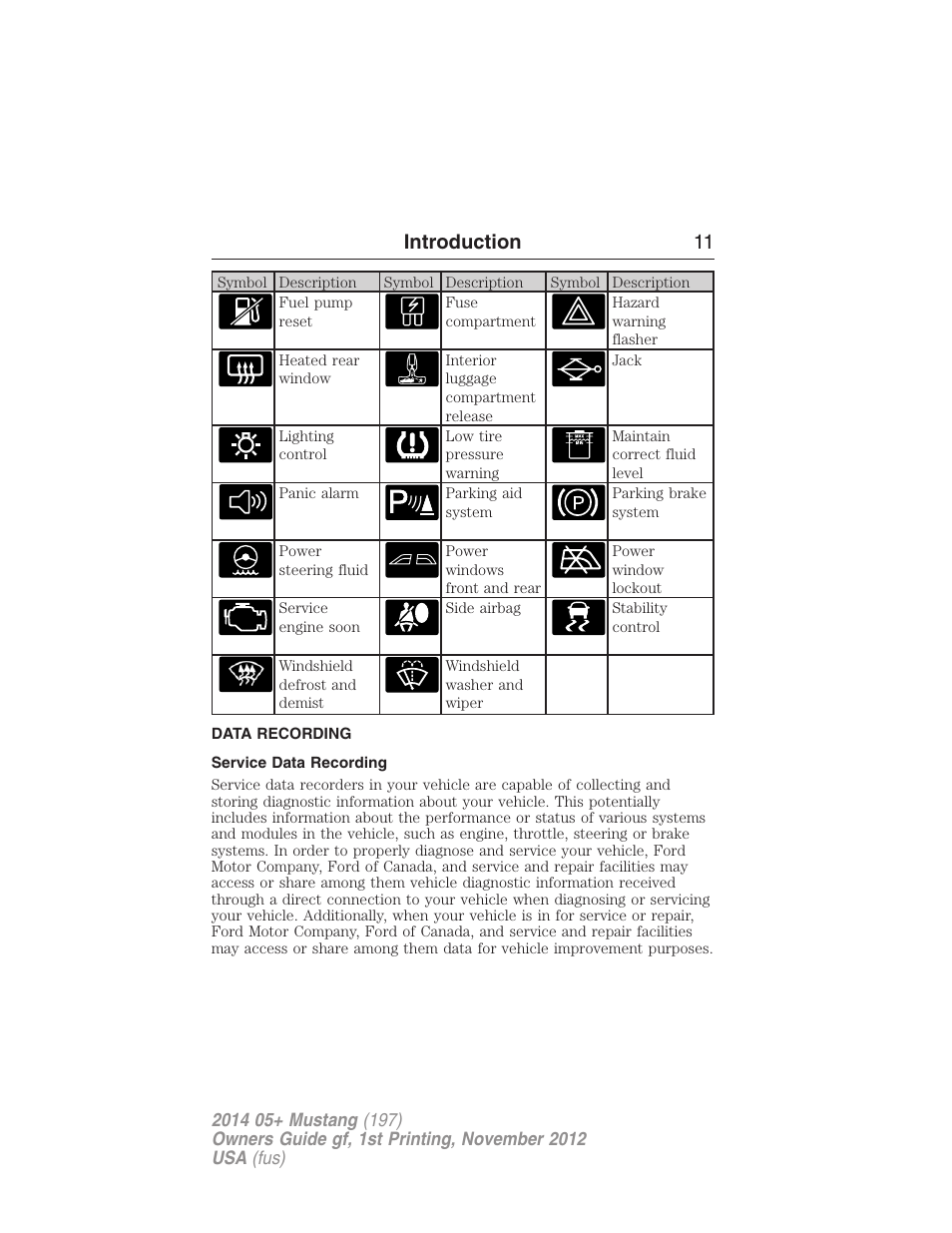 Data recording, Service data recording, Introduction 11 | FORD 2014 Mustang v.1 User Manual | Page 12 / 461