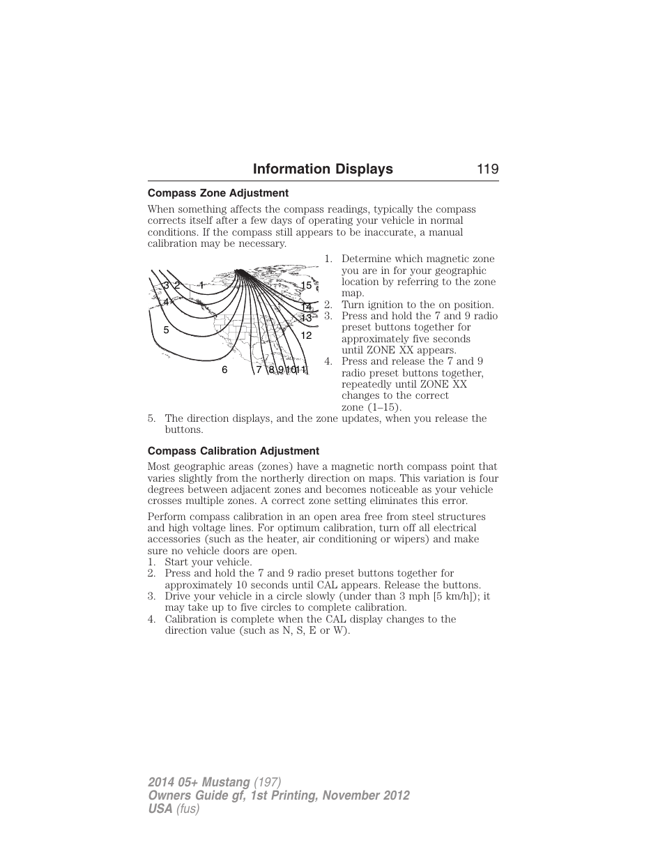 Compass zone adjustment, Compass calibration adjustment, Information displays 119 | FORD 2014 Mustang v.1 User Manual | Page 120 / 461