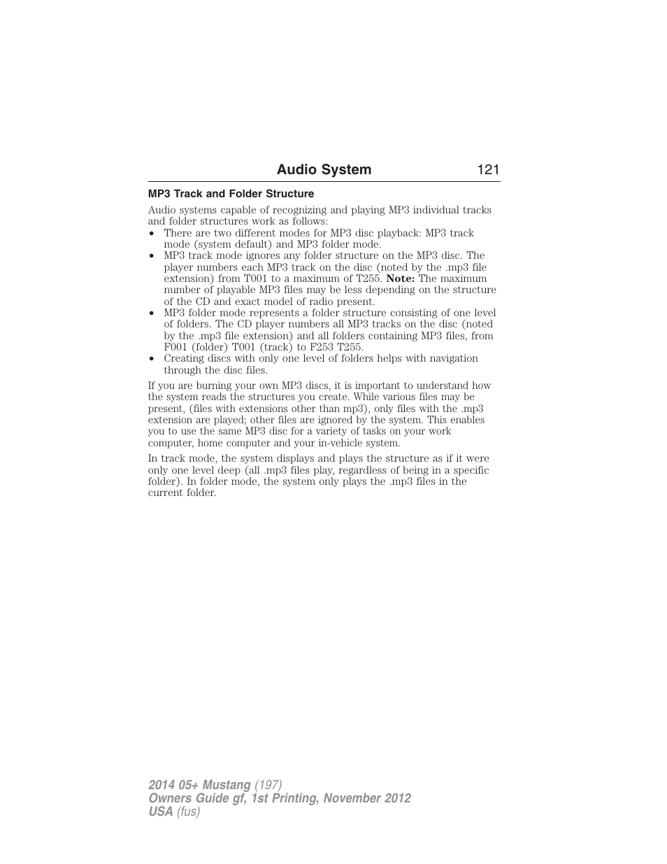 Mp3 track and folder structure, Audio system 121 | FORD 2014 Mustang v.1 User Manual | Page 122 / 461