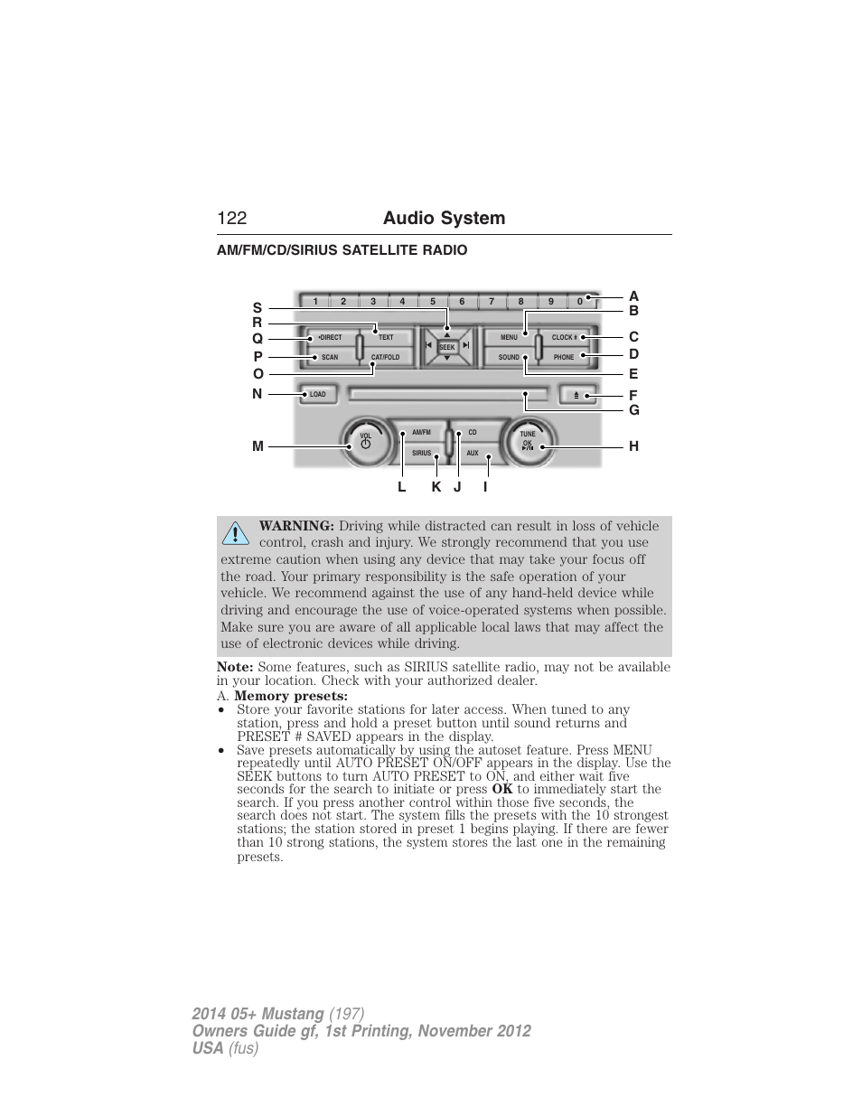 Am/fm/cd/sirius satellite radio, Am/fm stereo with cd/mp3, 122 audio system | FORD 2014 Mustang v.1 User Manual | Page 123 / 461