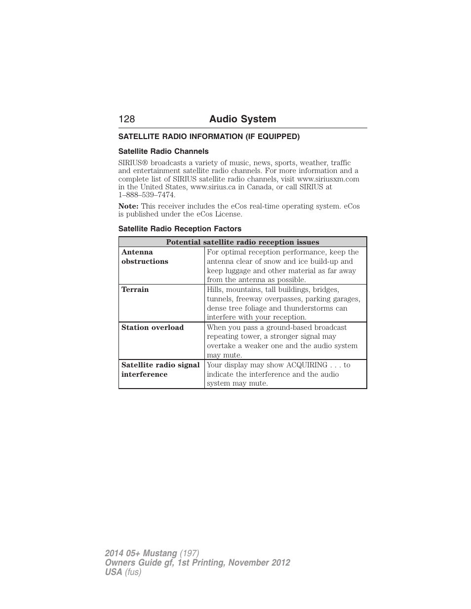 Satellite radio information (if equipped), Satellite radio channels, Satellite radio reception factors | Satellite radio information, 128 audio system | FORD 2014 Mustang v.1 User Manual | Page 129 / 461