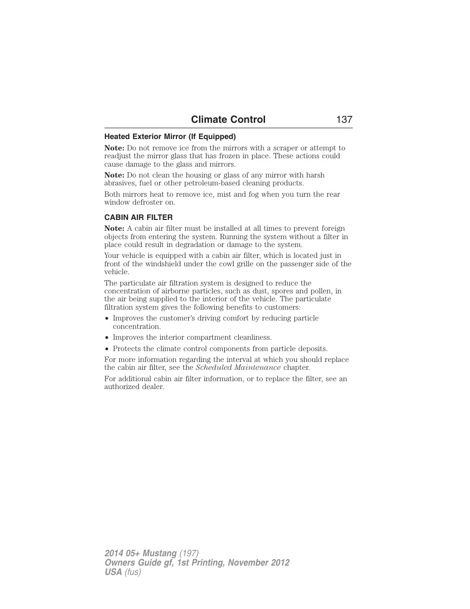 Heated exterior mirror (if equipped), Cabin air filter, Climate control 137 | FORD 2014 Mustang v.1 User Manual | Page 138 / 461