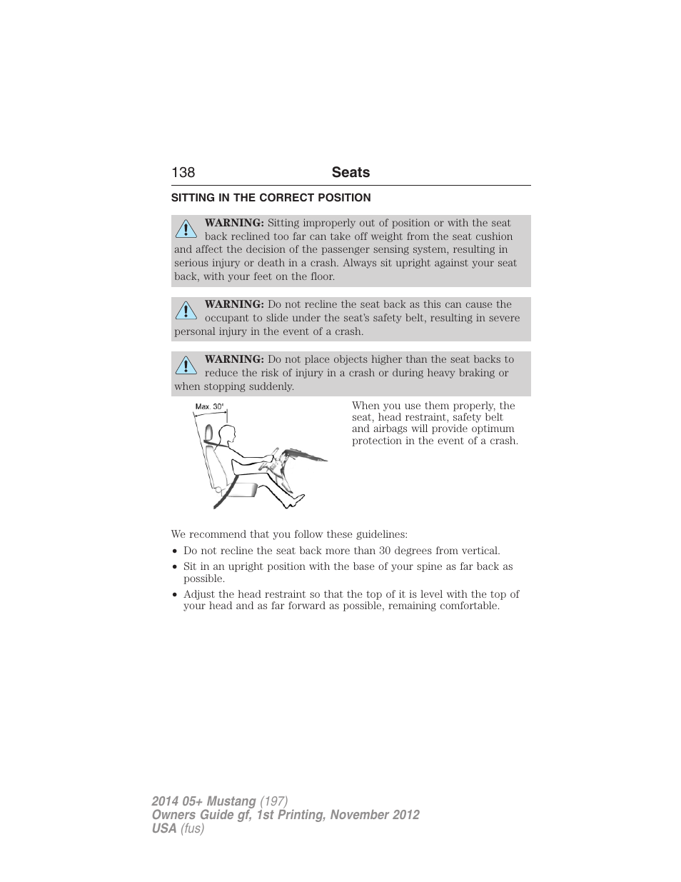 Seats, Sitting in the correct position, 138 seats | FORD 2014 Mustang v.1 User Manual | Page 139 / 461