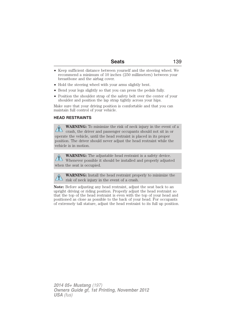 Head restraints, Seats 139 | FORD 2014 Mustang v.1 User Manual | Page 140 / 461