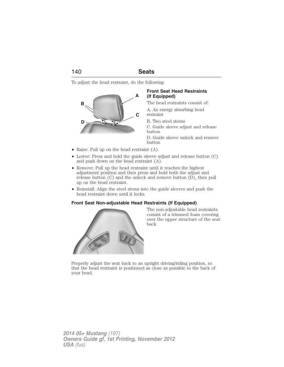 Front seat head restraints (if equipped), 140 seats | FORD 2014 Mustang v.1 User Manual | Page 141 / 461