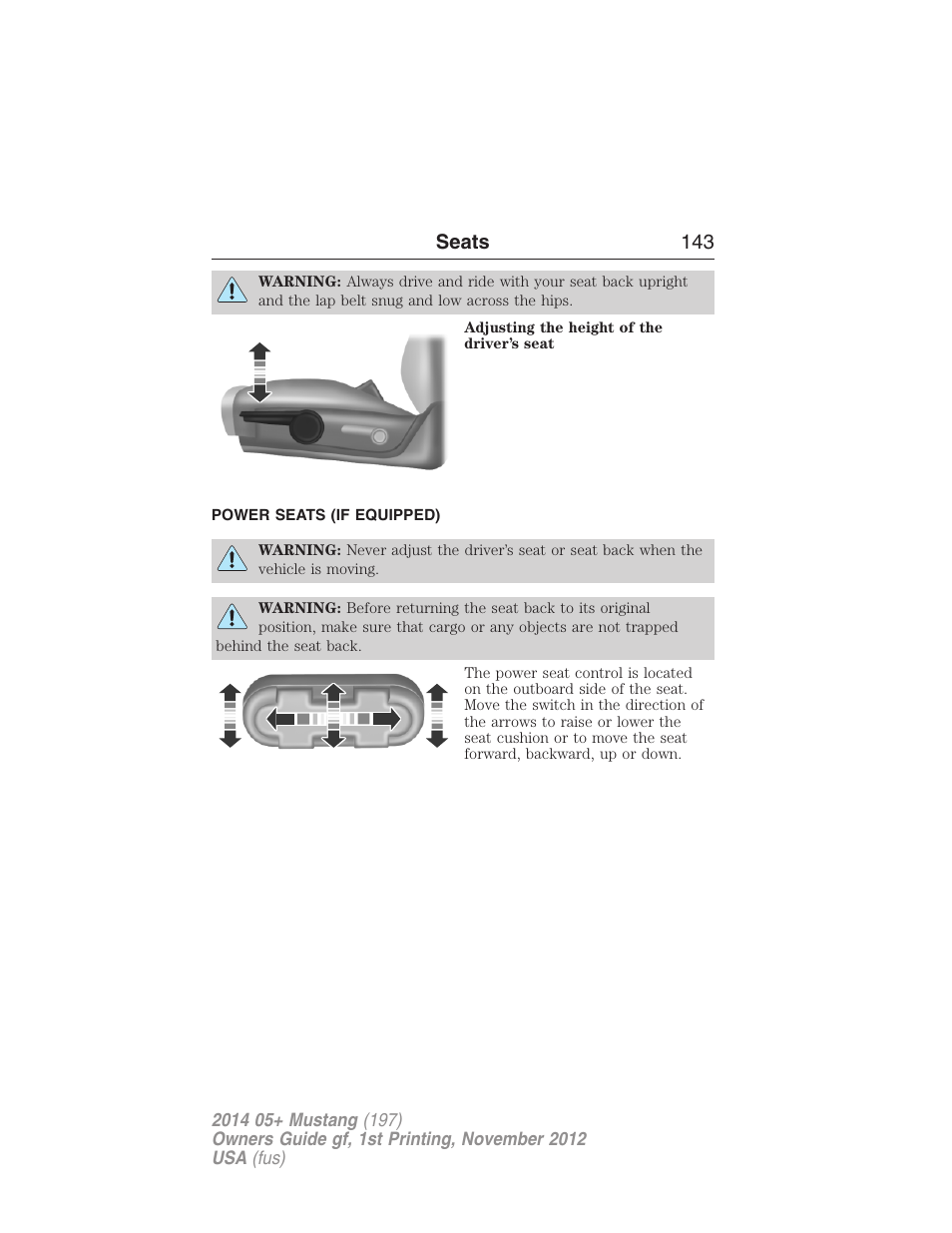 Power seats (if equipped), Power seats, Seats 143 | FORD 2014 Mustang v.1 User Manual | Page 144 / 461