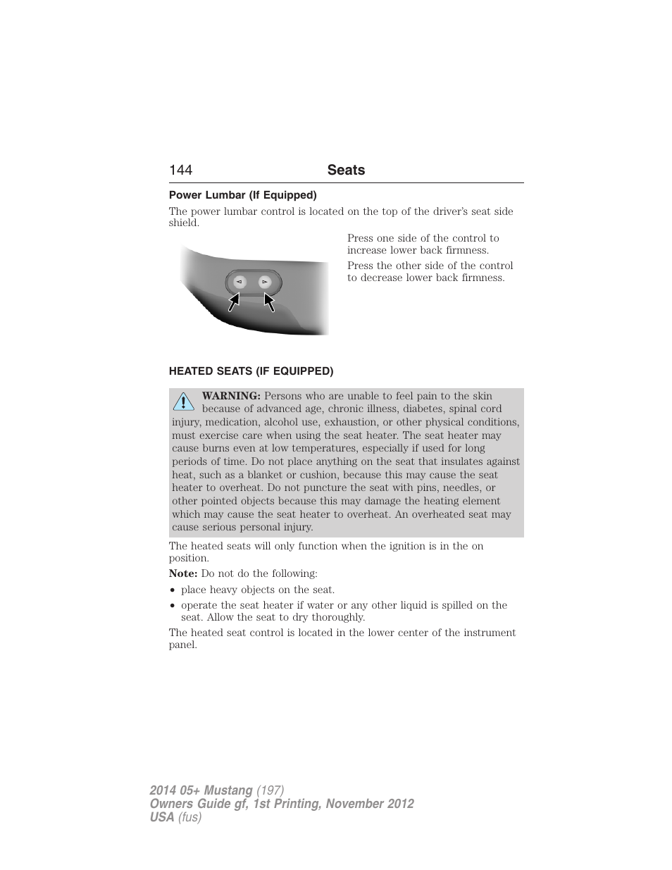 Power lumbar (if equipped), Heated seats (if equipped), Heated seats | 144 seats | FORD 2014 Mustang v.1 User Manual | Page 145 / 461