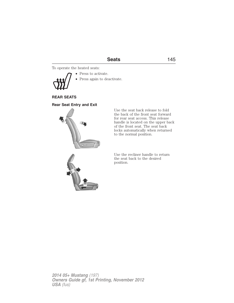 Rear seats, Rear seat entry and exit, Seats 145 | FORD 2014 Mustang v.1 User Manual | Page 146 / 461