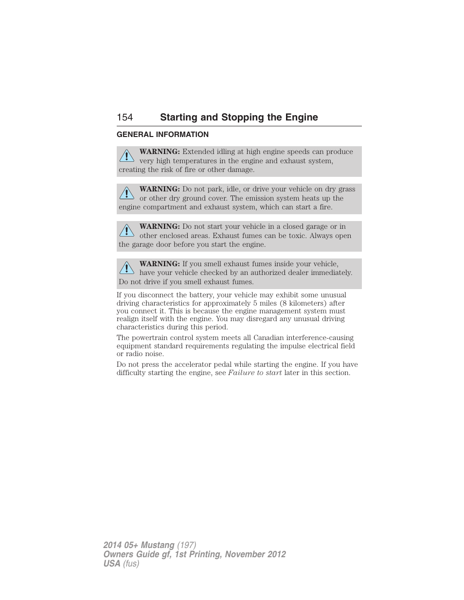 Starting and stopping the engine, General information, 154 starting and stopping the engine | FORD 2014 Mustang v.1 User Manual | Page 155 / 461