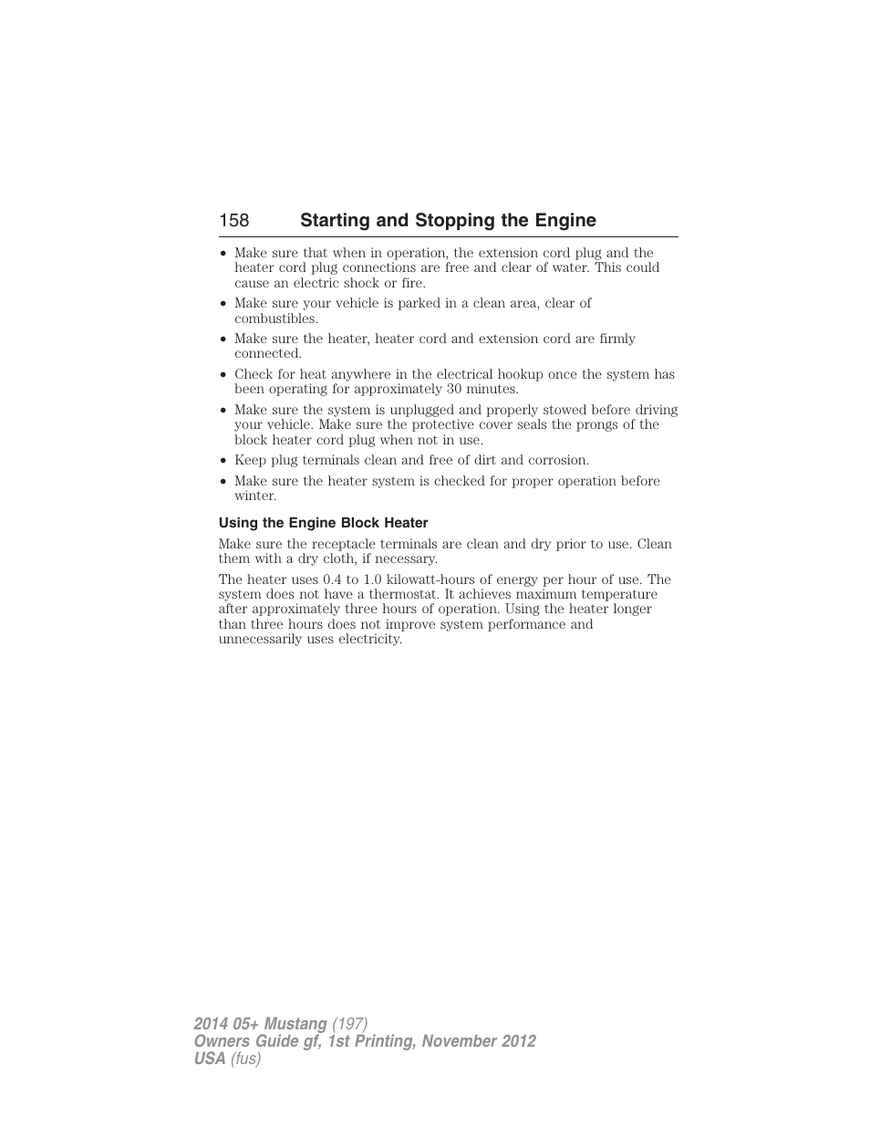 Using the engine block heater, 158 starting and stopping the engine | FORD 2014 Mustang v.1 User Manual | Page 159 / 461