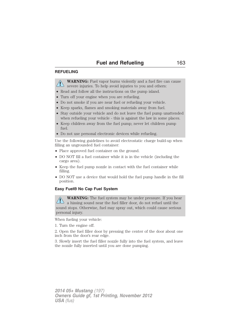 Refueling, Easy fuel® no cap fuel system, Fuel and refueling 163 | FORD 2014 Mustang v.1 User Manual | Page 164 / 461