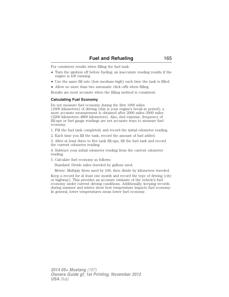 Calculating fuel economy, Fuel and refueling 165 | FORD 2014 Mustang v.1 User Manual | Page 166 / 461