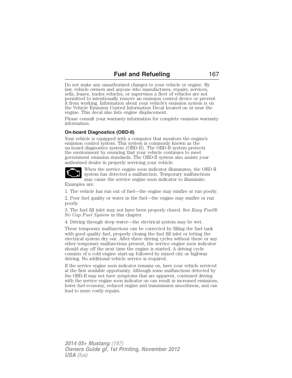 On-board diagnostics (obd-ii), Fuel and refueling 167 | FORD 2014 Mustang v.1 User Manual | Page 168 / 461